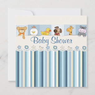 Baby Animals & Stripes Blue Baby Shower Invitation