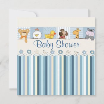 Baby Animals & Stripes Blue Baby Shower Invitation by StarStruckDezigns at Zazzle