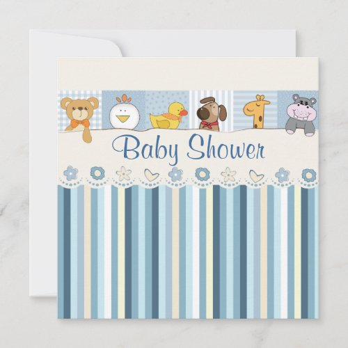 Baby Animals  Stripes Blue Baby Shower Invitation