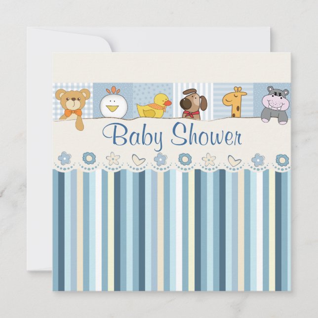 Baby Animals & Stripes Blue Baby Shower Invitation (Front)