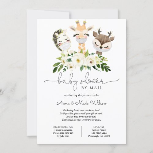 Baby Animals with Masks Baby Shower by Mail Invitation