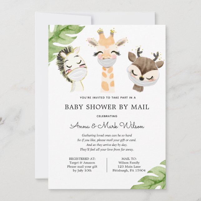 Baby Animals with Masks Baby Shower by Mail Invitation (Front)