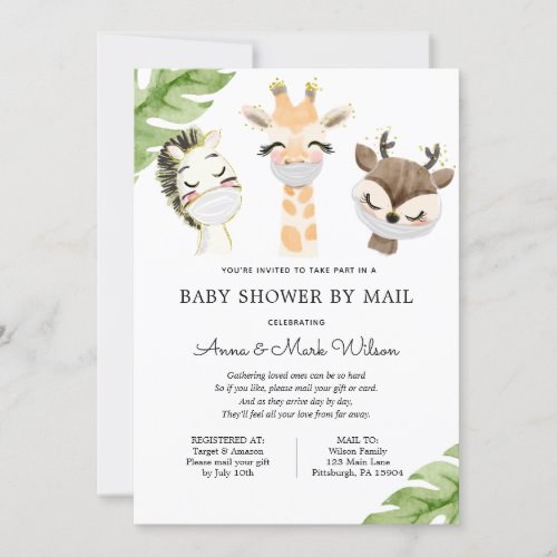 Baby Animals with Masks Baby Shower by Mail Invitation