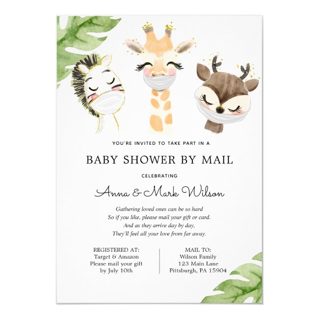 Baby Animals with Masks Baby Shower by Mail Invitation