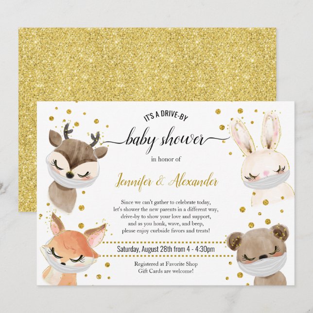 Baby Animals with Masks Drive-by Baby Shower Invitation (Front/Back)