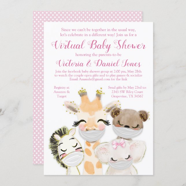 Baby Animals with Masks Drive By Covid Baby Shower Invitation (Front/Back)