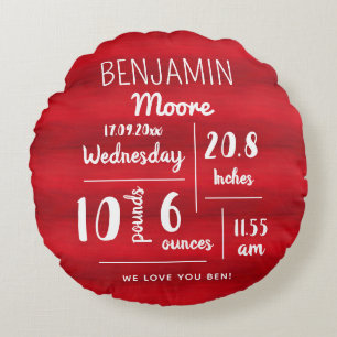 Baby Announcement Birth Stats Nursery Decor Round Pillow
