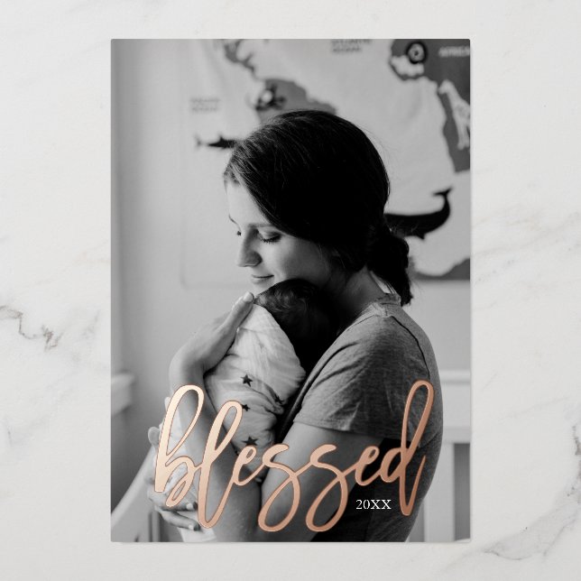 Baby Announcement Foil Blessed Holiday Card (Front)
