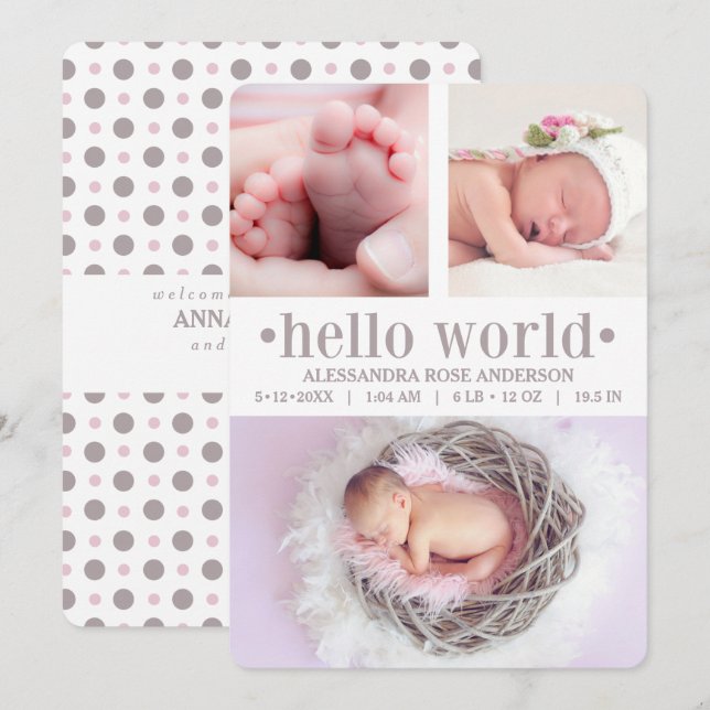 Baby Announcement Hello World Taupe/Pink 3 Photo (Front/Back)