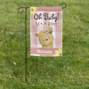 Baby Announcement It's a Girl Cute Bear Garden Flag