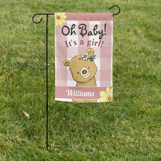 Baby Announcement It's a Girl Cute Bear Garden Flag (In SItu)