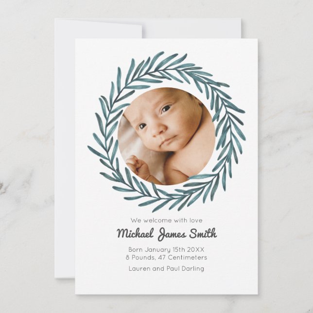 Baby Announcement Photo Card Wreath Baby greenery (Front)