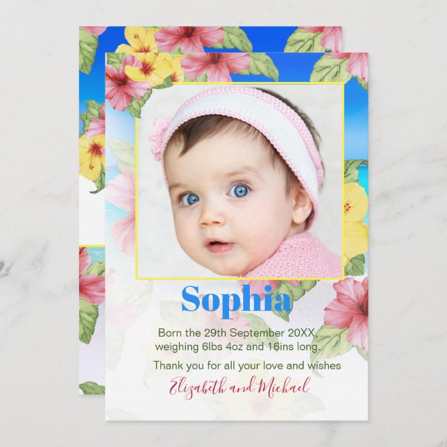 Baby Announcement Photo Tropical Floral Beach (Front/Back)