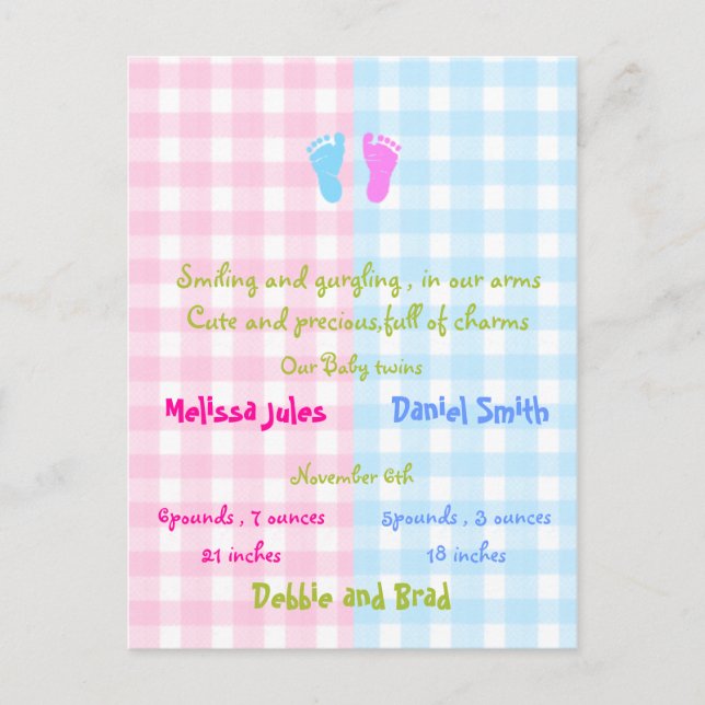 baby announcement postcard - twins (Front)