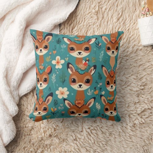 Baby Antelope in Cute Floral Pattern Throw Pillow