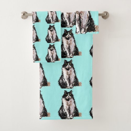 Baby Aqua Tuxedo Black Cat Cats Girls Towel Set