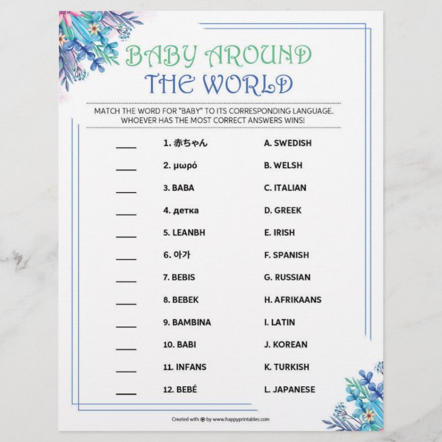 Baby Around The World [Blue Floral] Letterhead (Front)