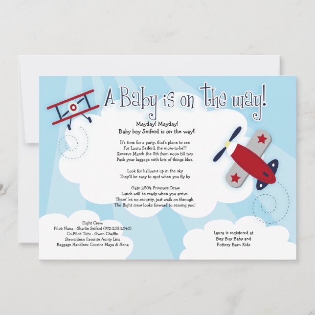 BABY AVIATOR Airplane 5x7 Baby Shower Invitation (Front)