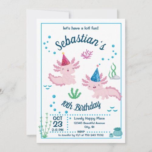 Baby Axolotl White Birthday Party Invitation