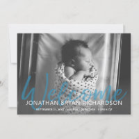 Baby B&W Blue Photo Welcome Birth Announcement
