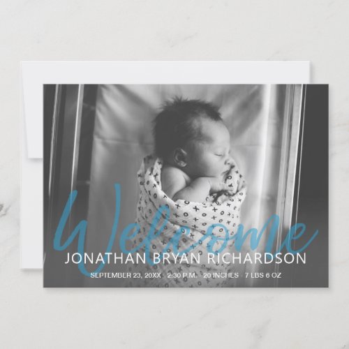 Baby BW Blue Photo Welcome Birth Announcement