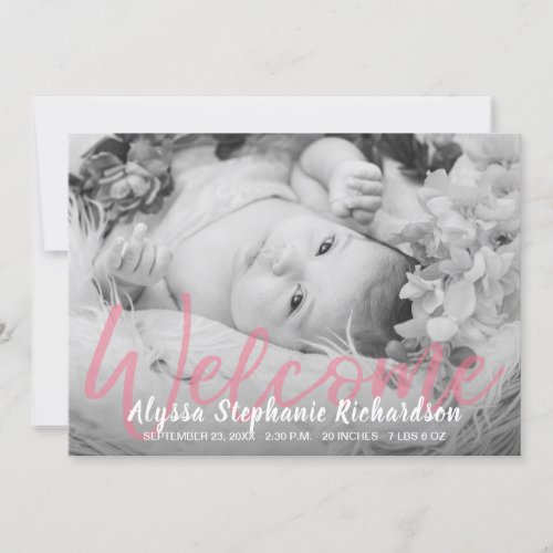 Baby BW Pink Photo Welcome Birth Announcement
