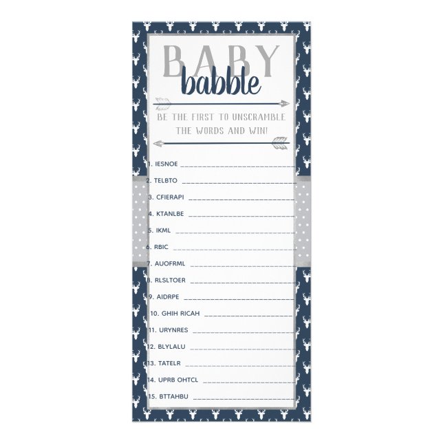 Baby Babble Word Scramble, Baby Shower, Navy, Gray Rack Card (Front)