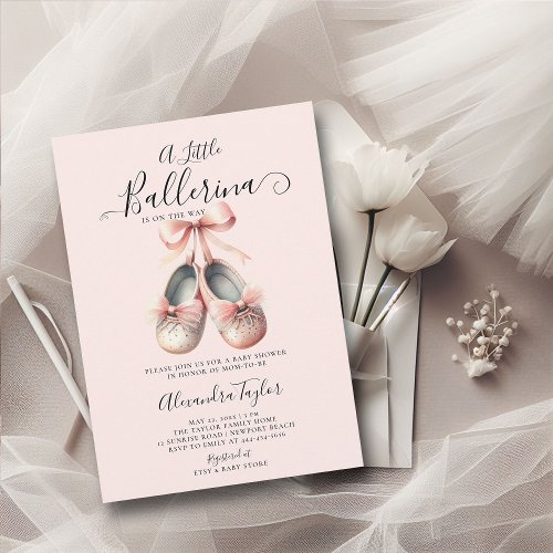 Baby Ballerina Shoes Pink Bow Gold Girl Shower Invitation