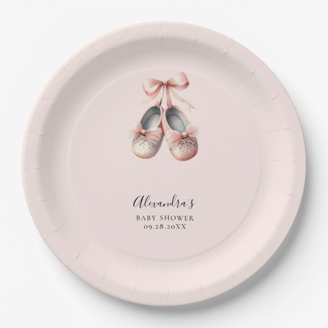 Baby Ballerina Shoes Pink Bow Gold Girl Shower Paper Plates (Front)