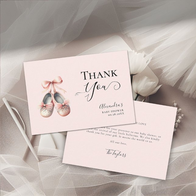 Baby Ballerina Shoes Pink Bow Gold Girl Shower Thank You Card (ballerina baby shower thank you card baby ballet shoes watercolor elegant calligraphy coral pink)