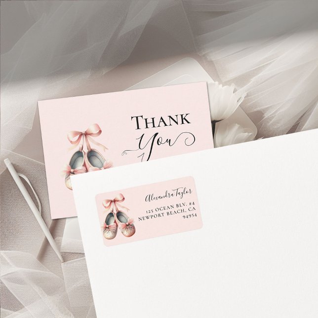 Baby Ballerina Shoes Pink Bow Gold Return Address Label (ballerina baby shower return address label baby ballet shoes watercolor elegant calligraphy pink)