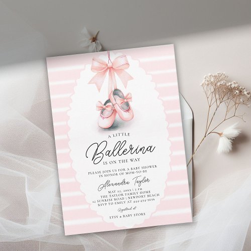 Baby Ballerina Shoes Pink Bow Ribbons Girl Shower Invitation