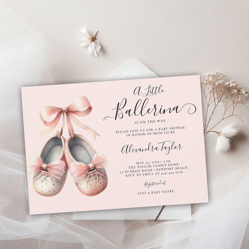 Baby Ballerina Shoes Pink Bow Sweet Girl Shower Invitation