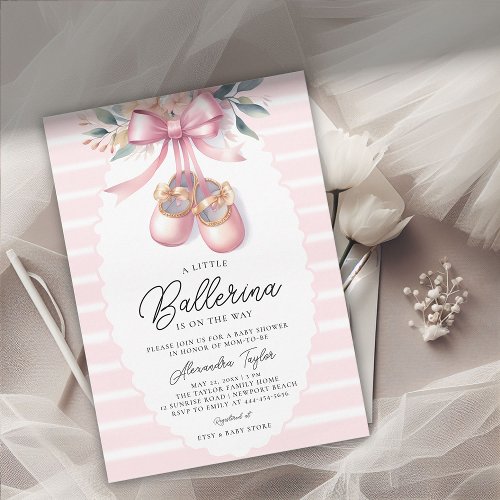 Baby Ballerina Shoes Pink Floral Bow Girl Shower Invitation