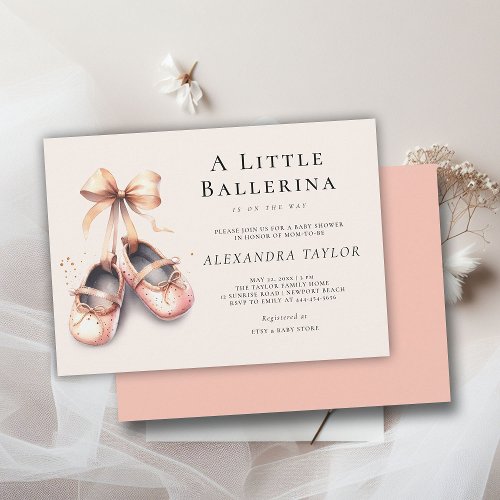 Baby Ballerina Shoes Pink Gold Bow Girl Shower Invitation