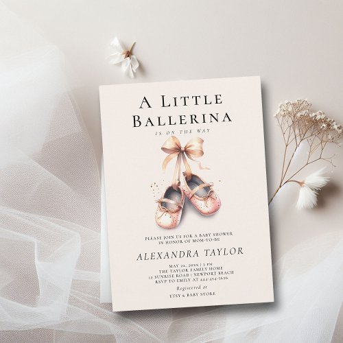 Baby Ballerina Shoes Pink Gold Ribbons Girl Shower Invitation