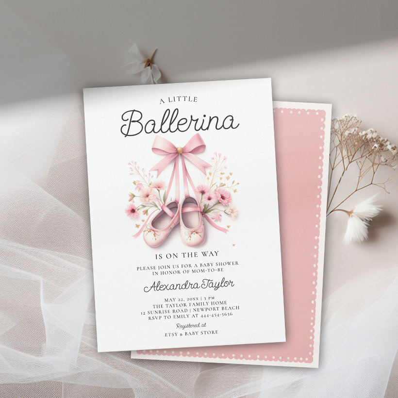 Baby Ballerina Shoes Wildflowers Bow Girl Shower Invitation (ballerina baby shower invitation ballet shoes pink wildflowers bow ribbons satin elegant cute)