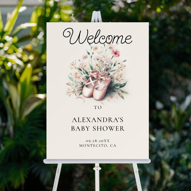 Baby Ballerina Shoes Wildflowers Pink Welcome Sign (ballerina baby shower welcome sign girl ballet shoes wildflowers watercolor cute adorable pink)