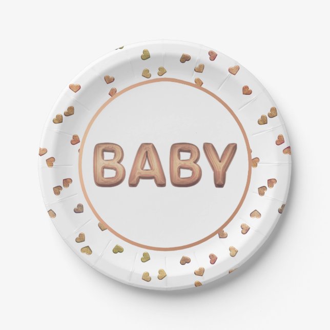 Baby Balloon | Elegant Rose Gold Baby Shower Paper Plates (Front)