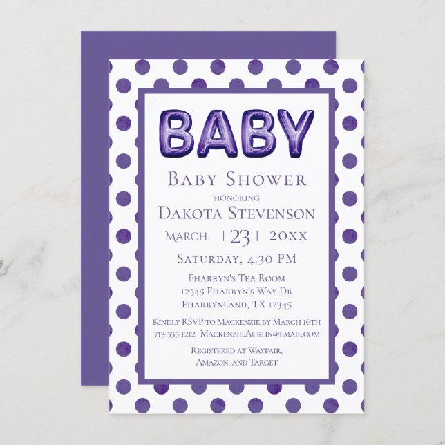 Baby Balloon | Royal Violet Purple Baby Shower Invitation (Front/Back)