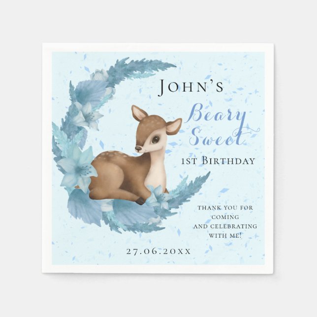 Baby Bambi & Flowers moon Dust blue Birthday  Napkins (Front)