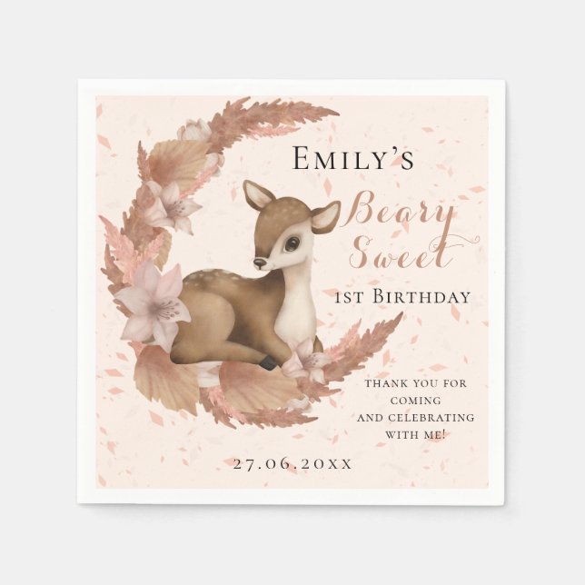 Baby Bambi & Flowers moon Dust Pink Birthday Napkins (Front)