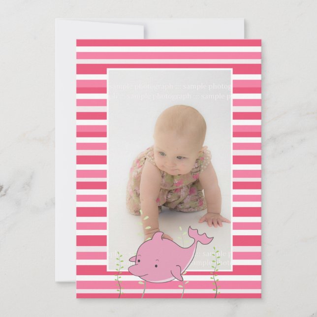 Baby Baptism Christening Pink Dolphin Photo Invite (Front)