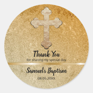 Baby Baptism Favor Thank You Elegant Gold Cross Classic Round Sticker