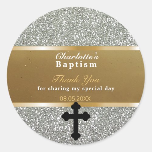 Baby Baptism Favor  Thank You Elegant Gold Silver Classic Round Sticker