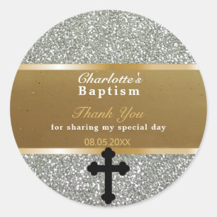 Baby Baptism Favor   Thank You Elegant Gold Silver Classic Round Sticker