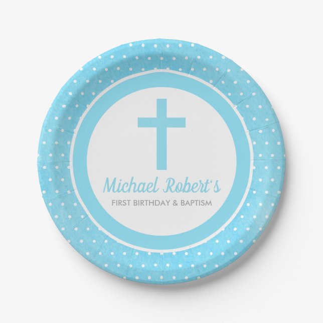 Baby Baptism First Birthday Blue Cross Boy Paper Plates (Front)