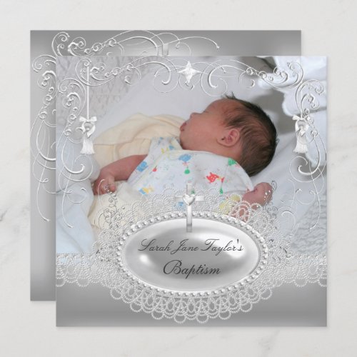 Baby Baptism Girl Boy Christening Silver Pearl Invitation