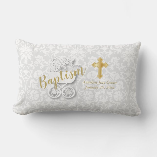 Baby Baptism on White Damask Lumbar Pillow (Front)