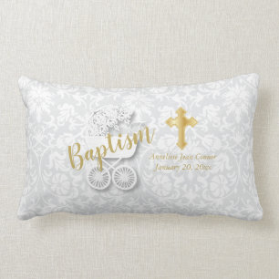 Baby Baptism on White Damask Lumbar Pillow